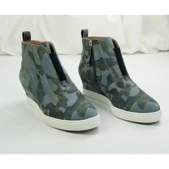 Linea Paolo 6M Suede Camo Wedge Heel Side Zip Ankle Boot Sneakers Green Blue - Picture 9 of 12